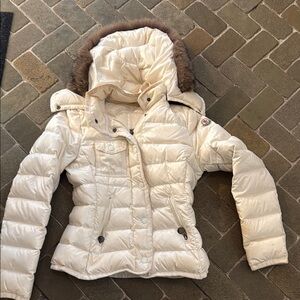 Moncler Ivory Down Puffer Jacket with Fur-Trim Hood